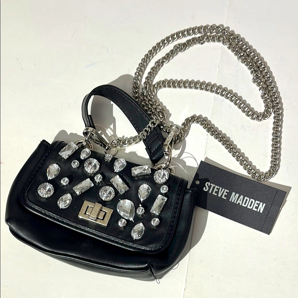 Steve Madden Black Jewel rhinestone Embellished Hand Bag Clutch Shoulder Vegan